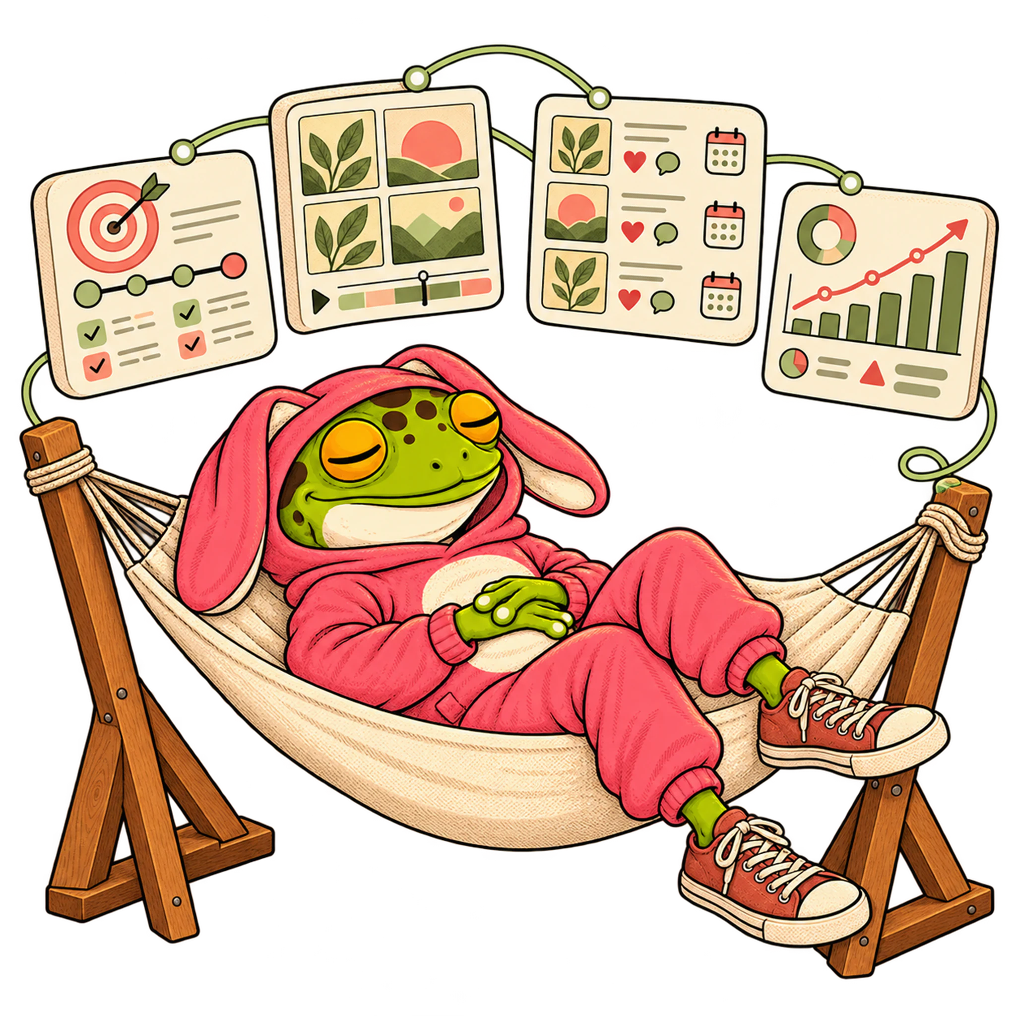 Frog napping in a hammock while plans, content, schedule and results run above