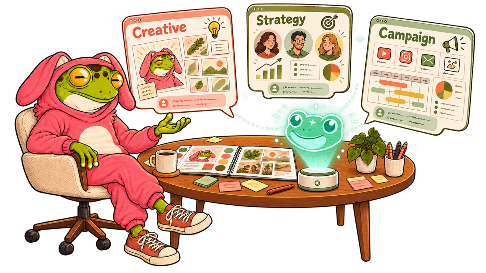 GoSleep frog at a desk; a glowing NoSleepAI hologram projects Creative, Strategy and Campaign panels